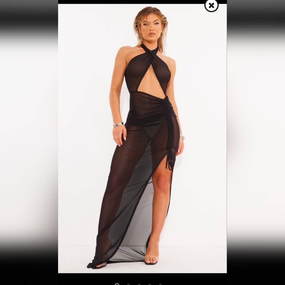 PrettyLittleThing Black Mesh Ruched Cross Halter Midaxi Dress